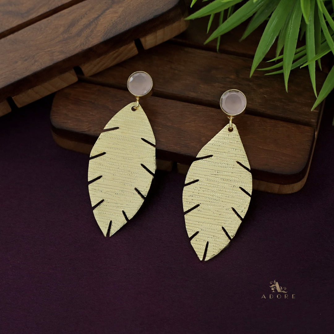 Golden Textured Leaf And Round Glossy Earring