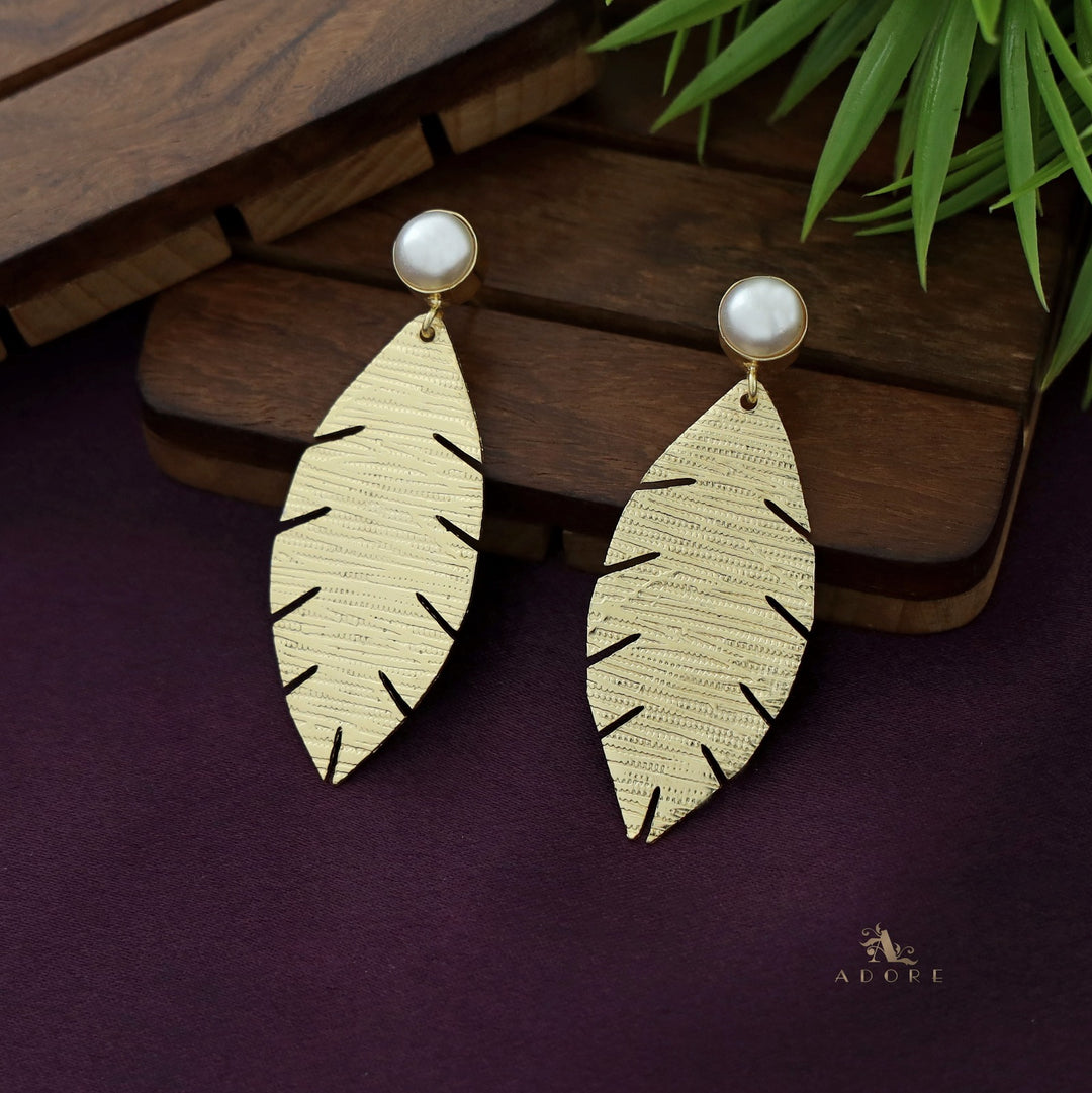 Golden Textured Leaf And Round Glossy Earring