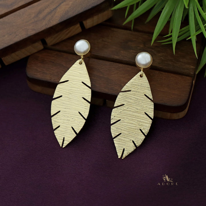 Golden Textured Leaf And Round Glossy Earring