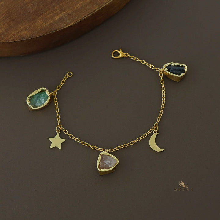 Golden Star + Moon 3 Raw Stone Bracelet