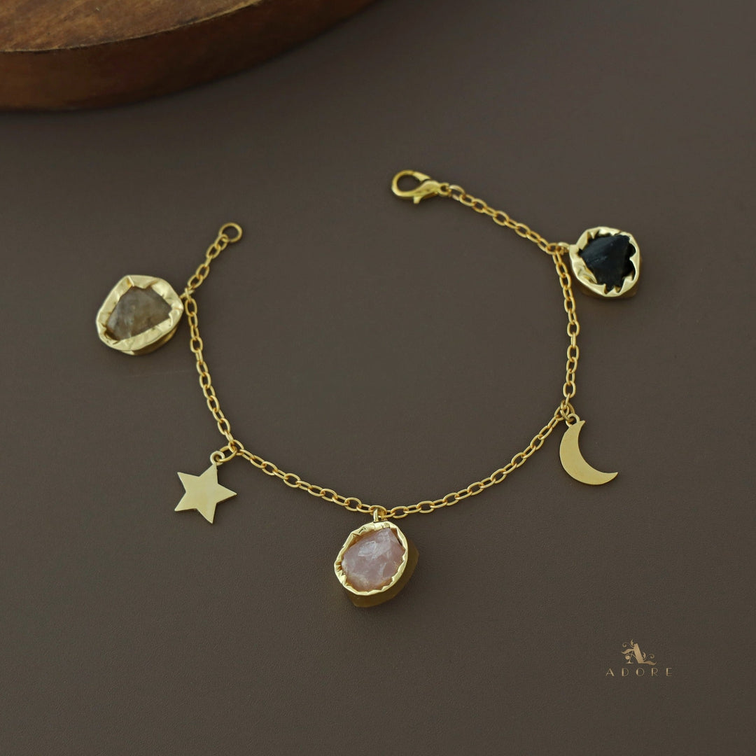 Golden Star + Moon 3 Raw Stone Bracelet