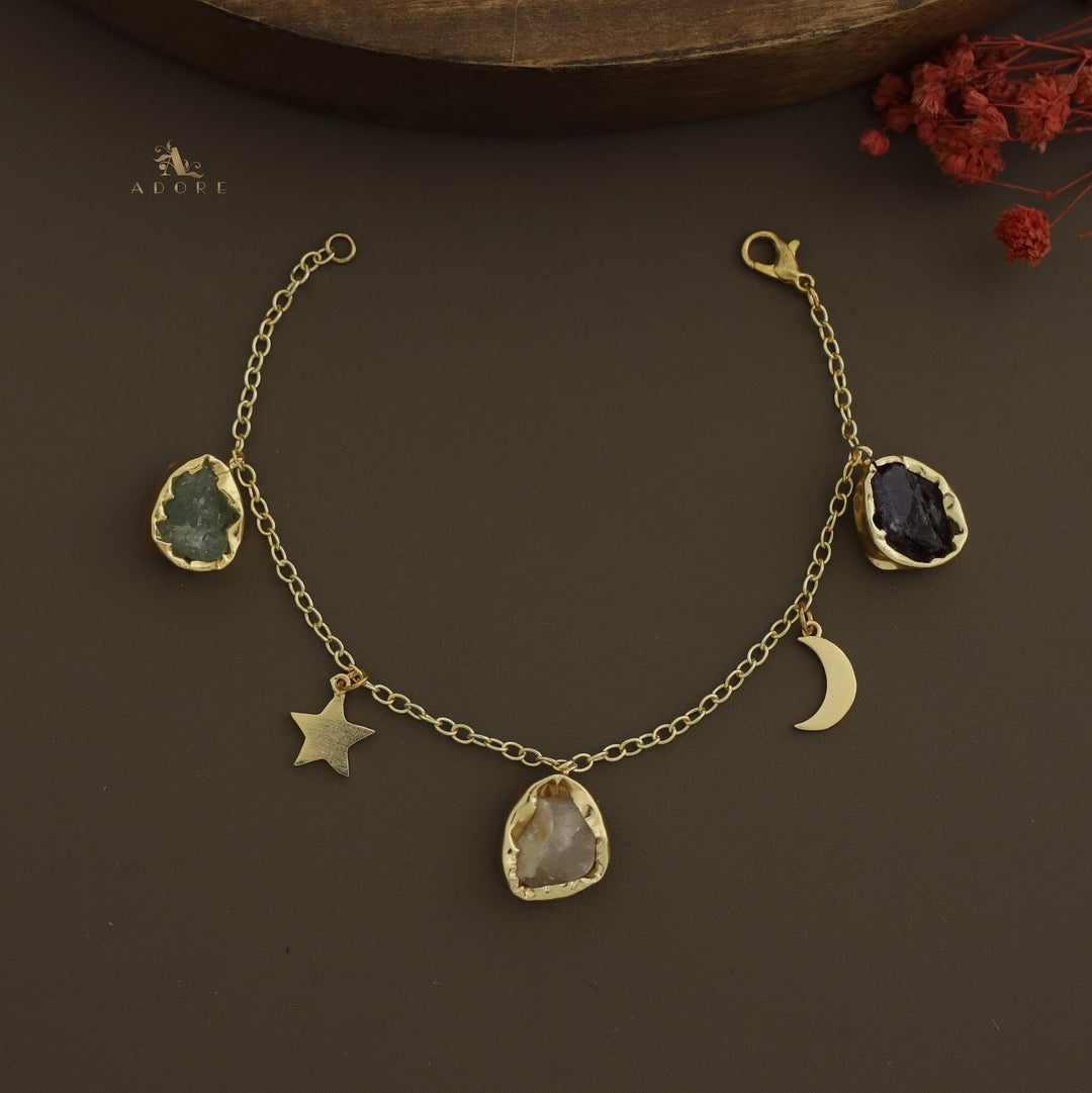 Golden Star + Moon 3 Raw Stone Bracelet