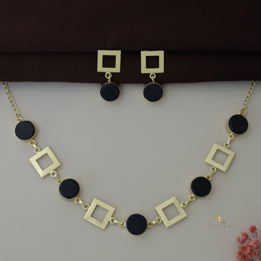 Golden Raw Stone 4 Square Neckpiece With Earring