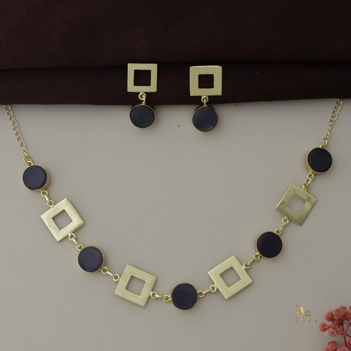 Golden Raw Stone 4 Square Neckpiece With Earring