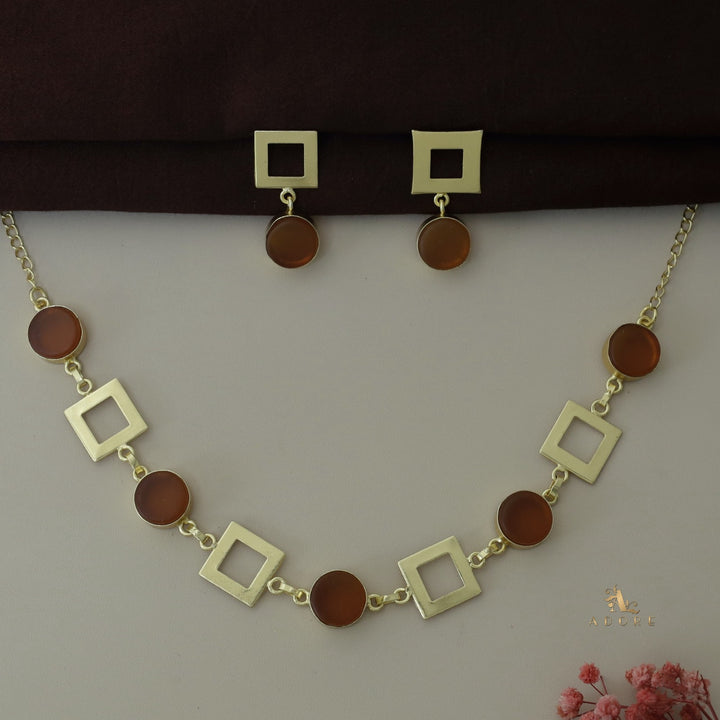 Golden Raw Stone 4 Square Neckpiece With Earring