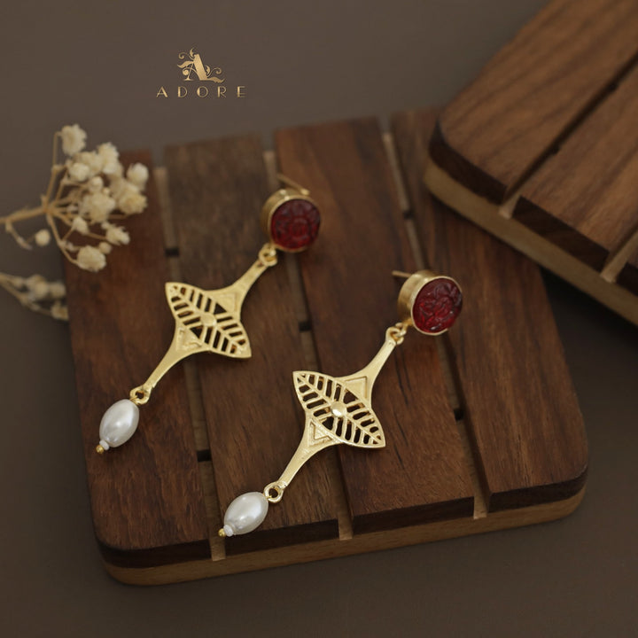 Carved Round Leafy Cross Pearl Earring