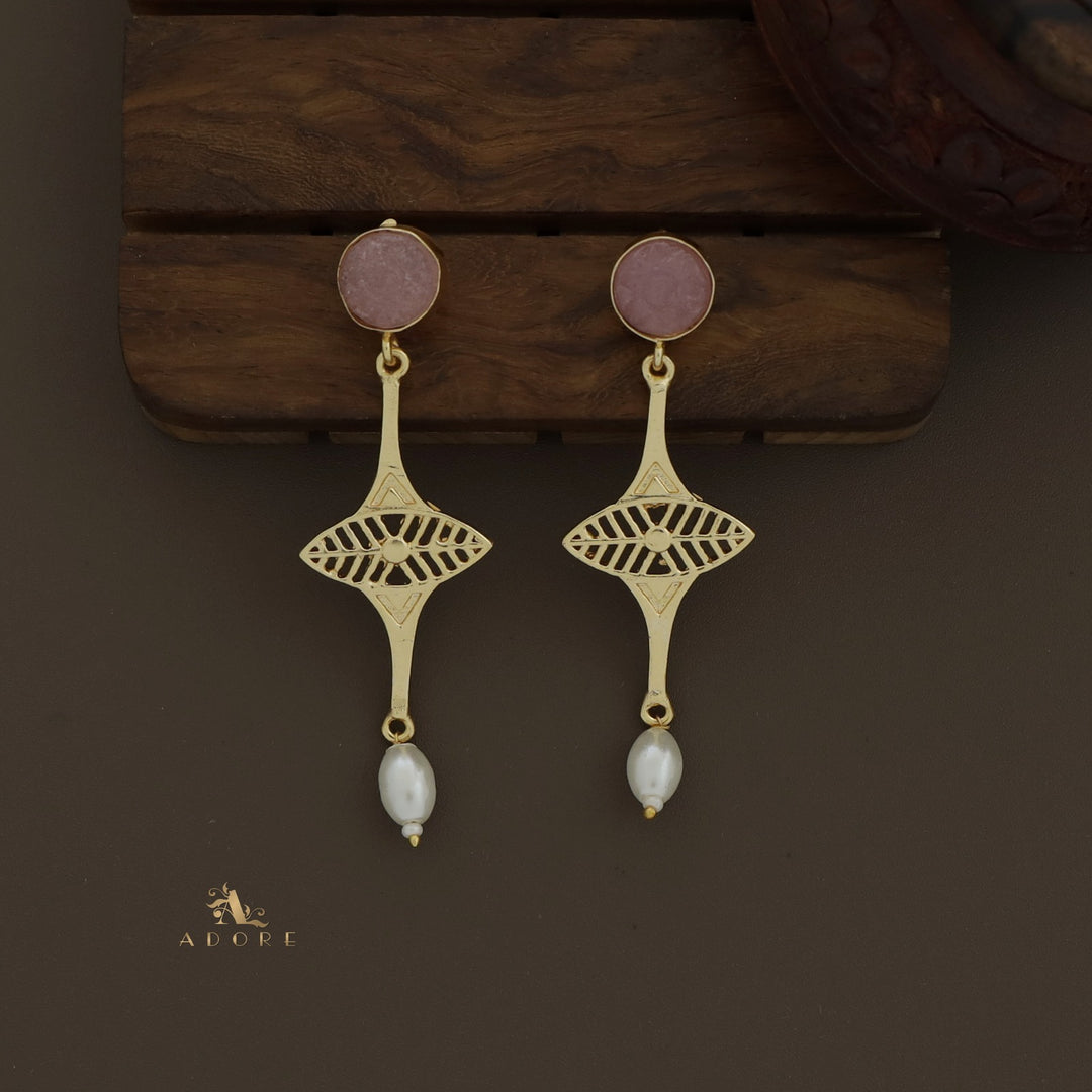 Carved Round Leafy Cross Pearl Earring