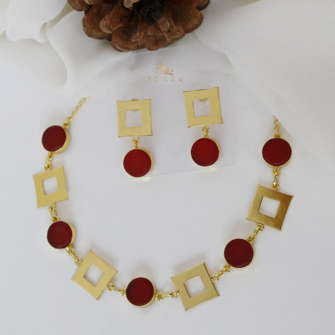 Golden Raw Stone 4 Square Neckpiece With Earring