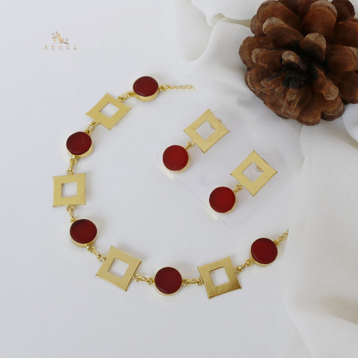 Golden Raw Stone 4 Square Neckpiece With Earring