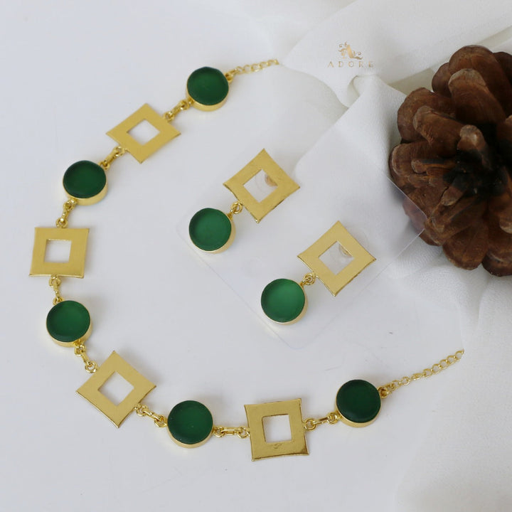 Golden Raw Stone 4 Square Neckpiece With Earring