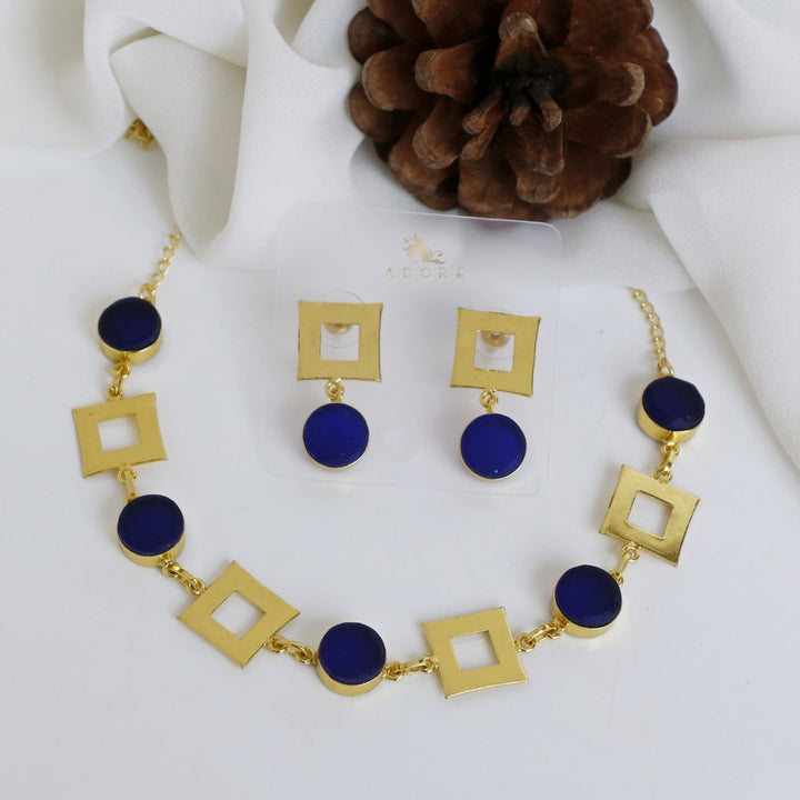 Golden Raw Stone 4 Square Neckpiece With Earring