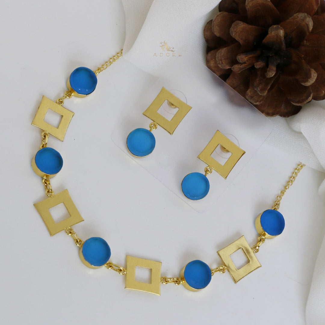 Golden Raw Stone 4 Square Neckpiece With Earring