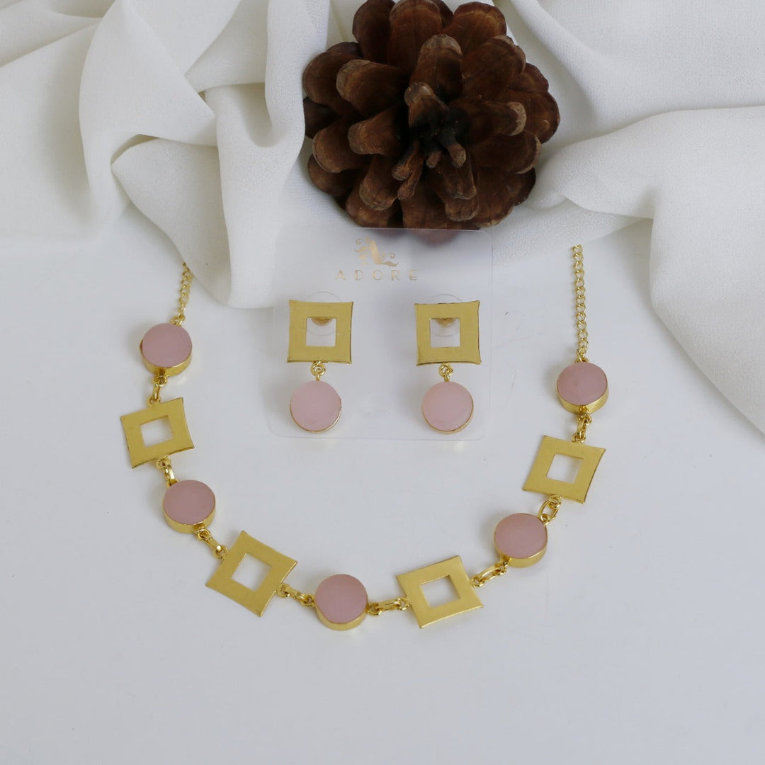 Golden Raw Stone 4 Square Neckpiece With Earring