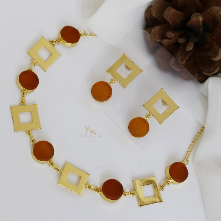 Golden Raw Stone 4 Square Neckpiece With Earring