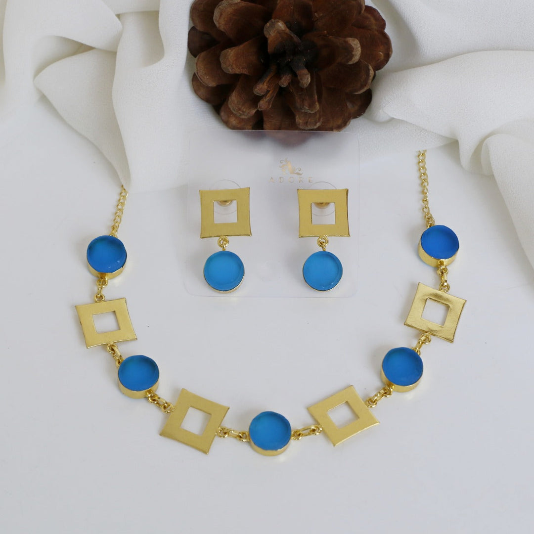 Golden Raw Stone 4 Square Neckpiece With Earring