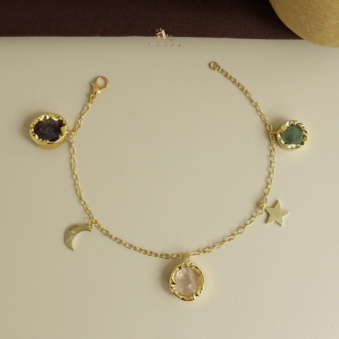 Golden Star + Moon 3 Raw Stone Bracelet