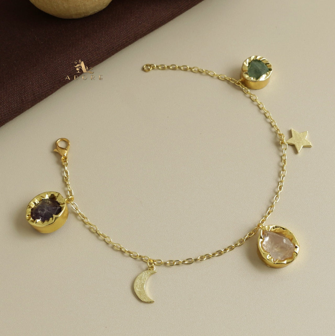 Golden Star + Moon 3 Raw Stone Bracelet