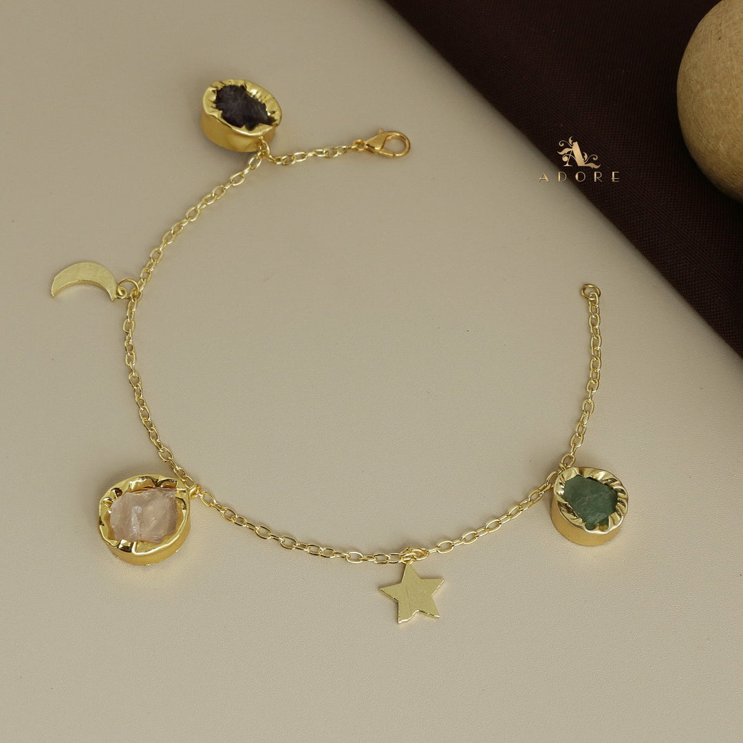 Golden Star + Moon 3 Raw Stone Bracelet