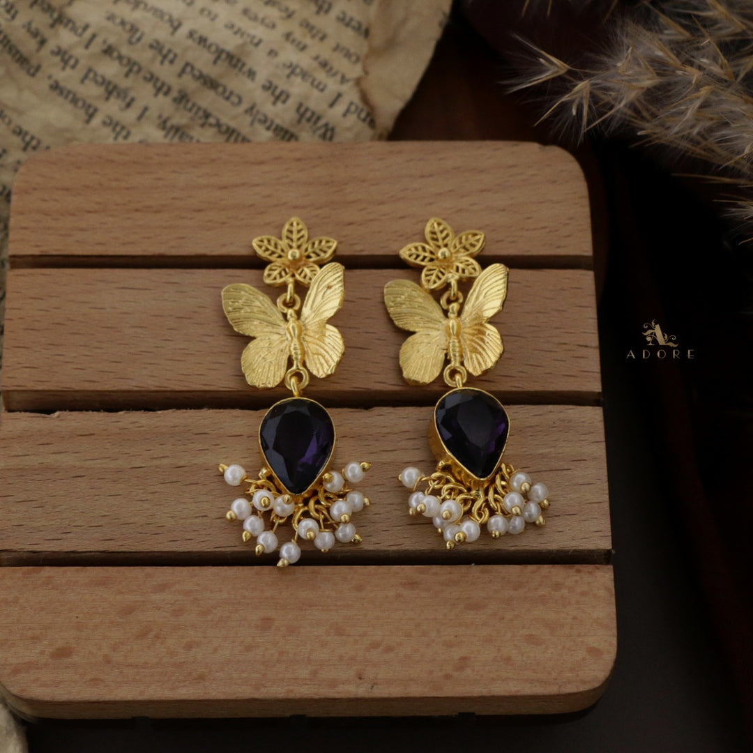 Golden Flower Butterfly Glossy Cluster Pearl Earring