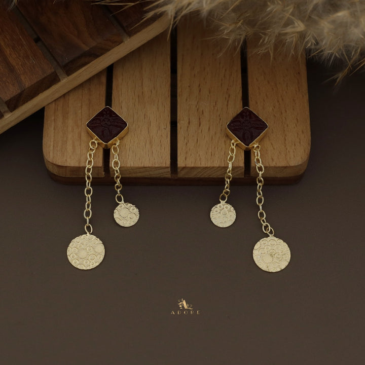 Carved Dual Chainy Round Drop Earring