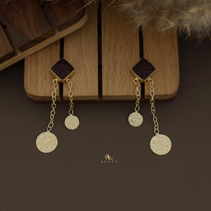 Carved Dual Chainy Round Drop Earring