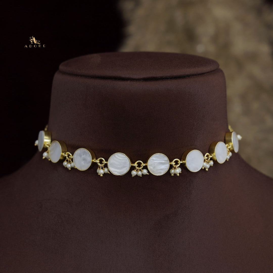 Eudor Round MOP Pearl Short Neckpiece/Choker With Earring