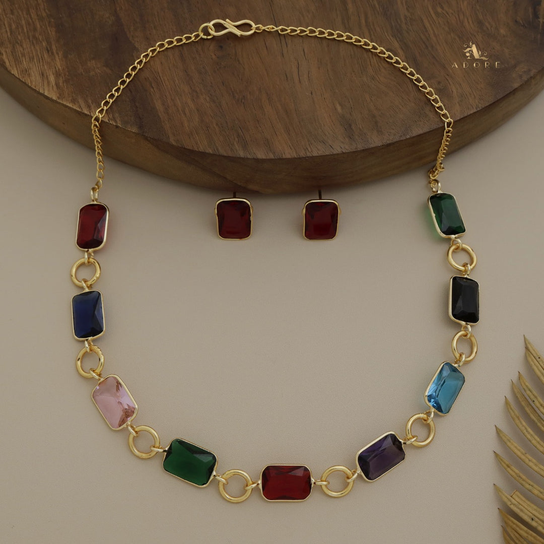 Multicolour Circle And Rectangle Glossy Neckpiece With Stud