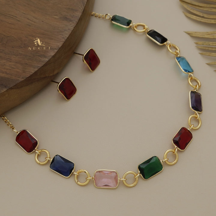 Multicolour Circle And Rectangle Glossy Neckpiece With Stud