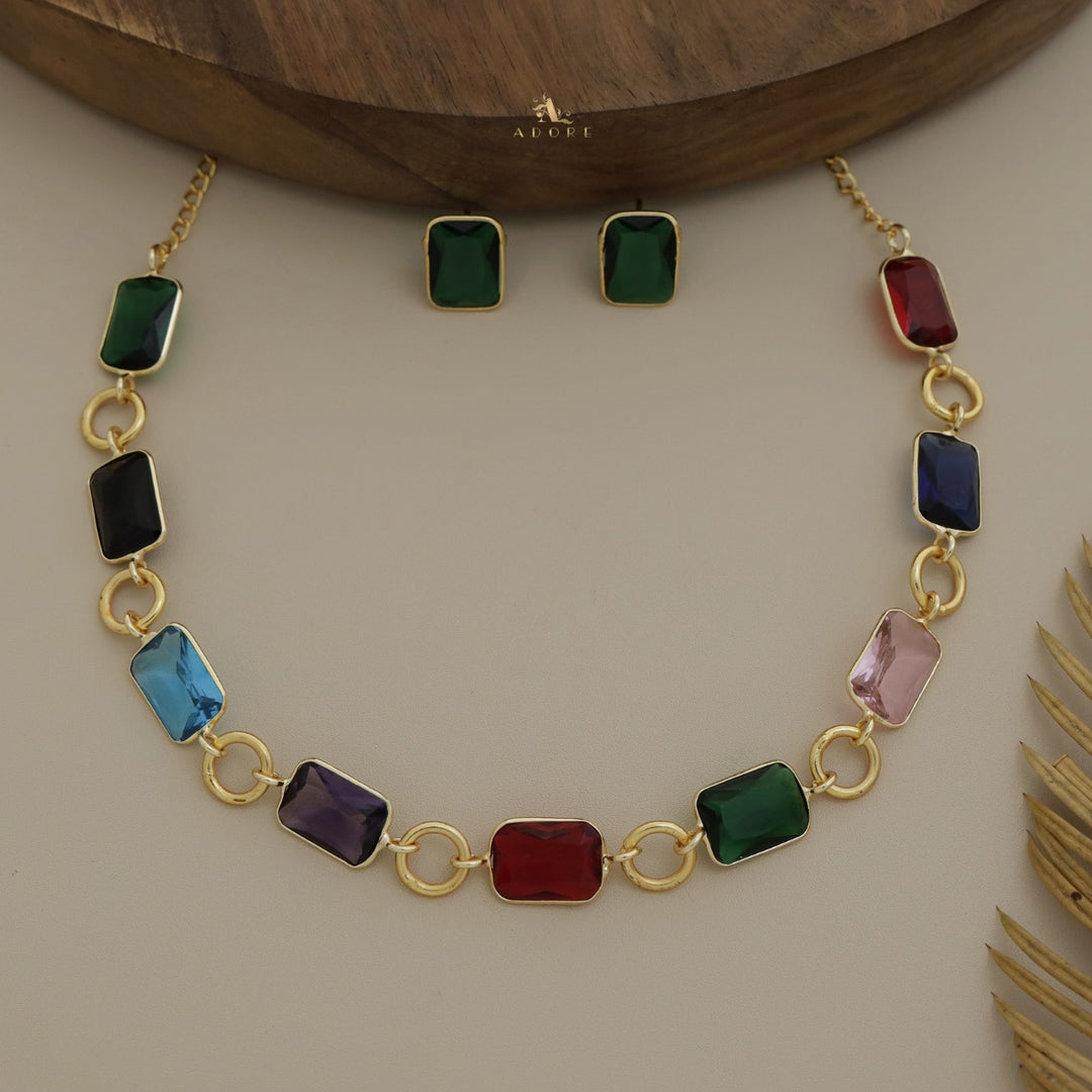 Multicolour Circle And Rectangle Glossy Neckpiece With Stud