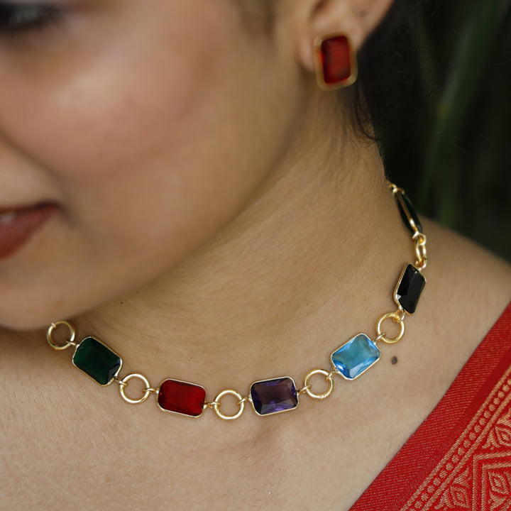 Multicolour Circle And Rectangle Glossy Neckpiece With Stud